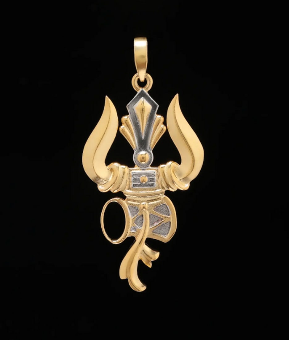 Sterling Silver Trishul Damru Pendant: Sterling Silver Trishul Damru Pendant This sterling silver pendant beautifully combines the Trishul (trident) and Damru (double-sided drum), symbolizing divine power, cosmic rhythm, and spiritual