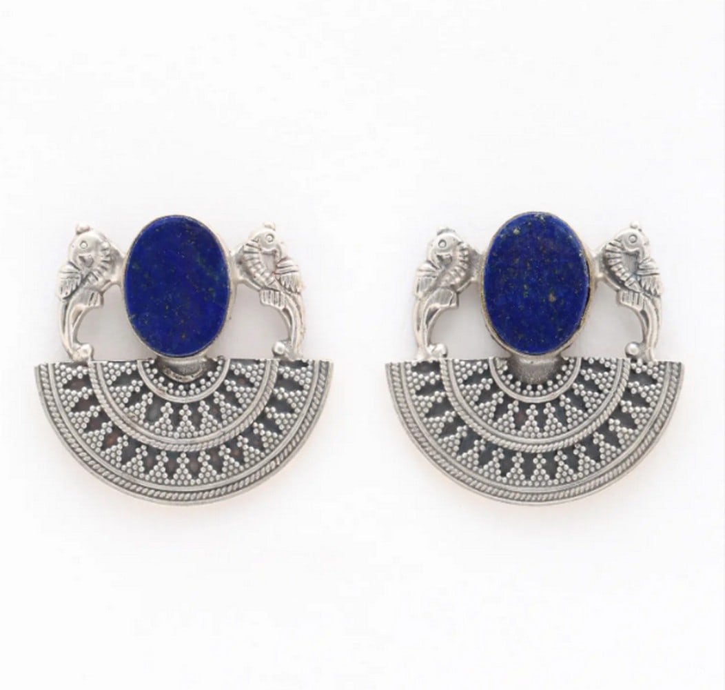 Celestial Lapis Mandala Drops: Celestial Lapis Mandala Drops These oval lapis lazuli earrings blend rich color and intricate detail, featuring deep blue stones framed by sterling silver. A semi-circle mandala and delicate