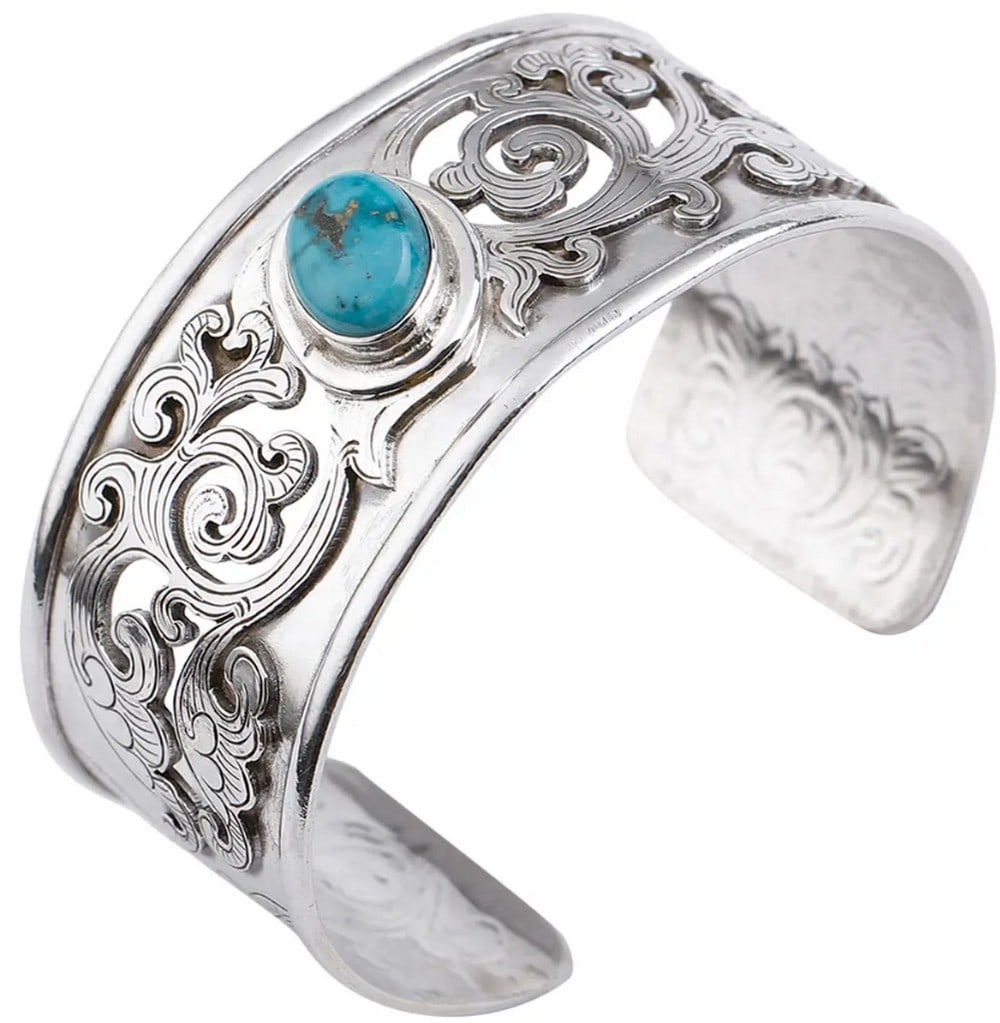 Elegant Sterling Silver Jali Design Cuff Bracelet with Turquoise: Elegant Sterling Silver Jali Design Cuff Bracelet with Turquoise Beautifully engraved sterling silver cuff with a striking Jali pattern and turquoise stone. Adjustable size for a perfect fit.