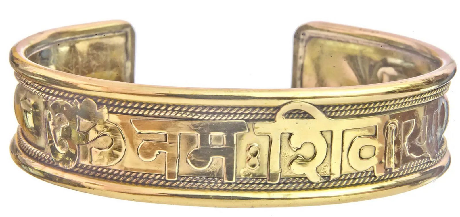 Om Namah Shivai Gold-Plated Adjustable Copper Alloy Bracelet: Om Namah Shivai Gold-Plated Adjustable Copper Alloy Bracelet This lightweight gold-plated bracelet features the powerful mantra "Om Namah Shivay" engraved on a sturdy copper alloy cuff,