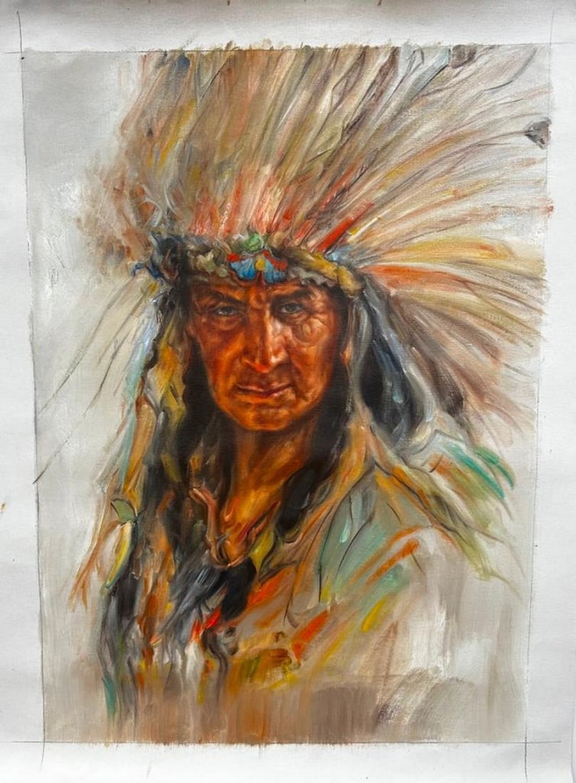Original 20" X 28" Acrylic Of Indigenous Chief Inspired By Nicholas Raphael de Grandmaison, CM, (1 of 5)