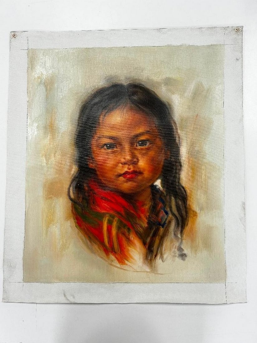 Original 20" X 24" Acrylic Of Indigenous Girl With The Red Scarf Inspired By Nicholas Raphael de: Original 20" X 24" Acrylic Of Indigenous Girl With The Red Scarf Inspired By Nicholas Raphael de Grandmaison, CM, RCA(1892-1978) Nicholas de Grandmaison was a prolific and influential portra