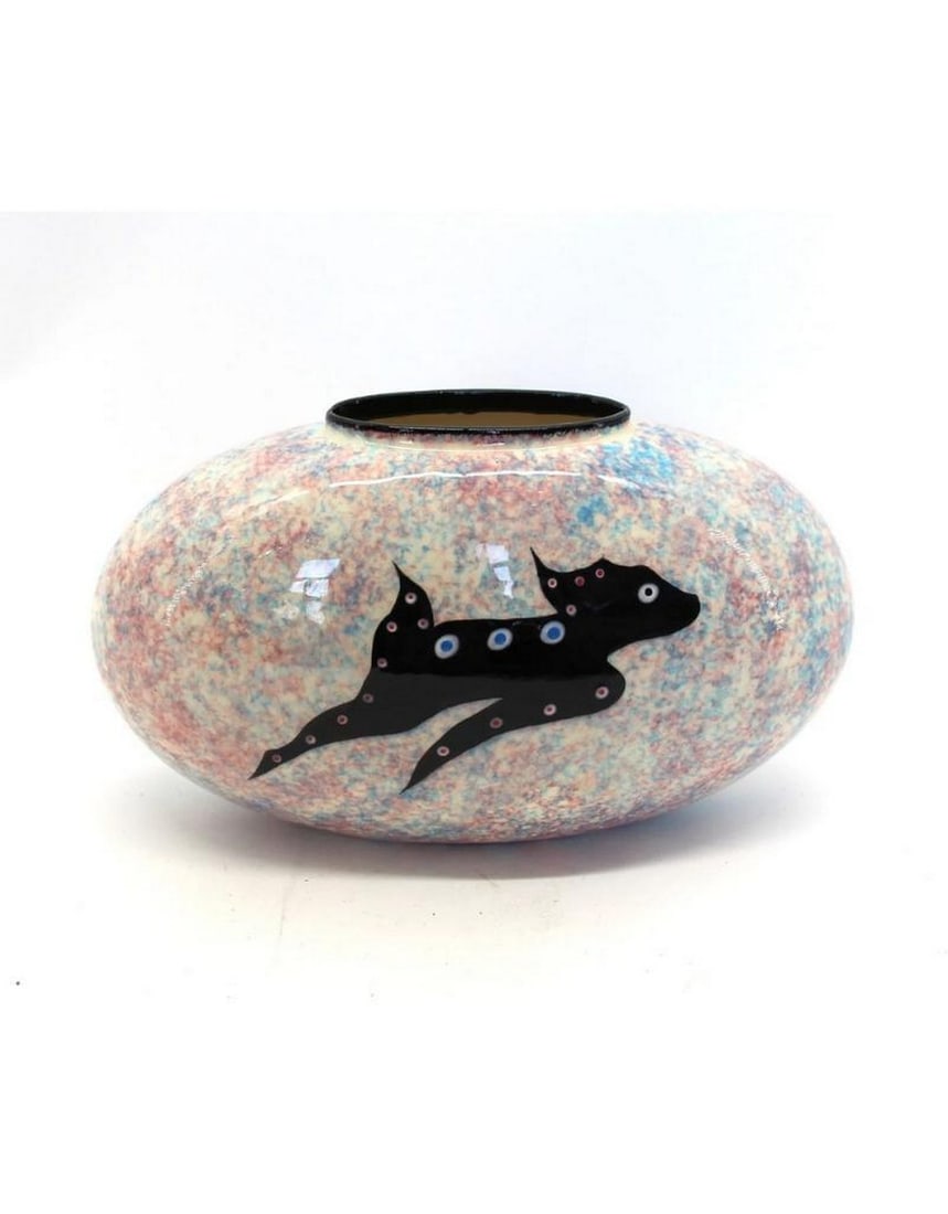 Multicolor Deer Spirit Animal Vase by Veran Pardeahtan: Multicolor Deer Spirit Animal Vase by Veran Pardeahtan Veran's Ceremonial Black Rim Pottery designs honor the rich heritage of North American Indigenous culture. Featuring symbols that often