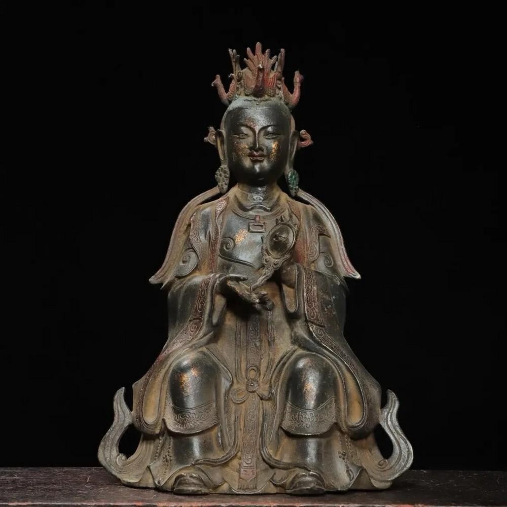 Rare Chinese Antique Handcrafted Mazu Buddha Statue in Gilded Pure Copper: Rare Chinese Antique Handcrafted Mazu Buddha Statue in Gilded Pure Copper This exquisite hand-made Mazu Buddha statue is a rare Chinese antique, skillfully cast in pure copper and accented with subtle