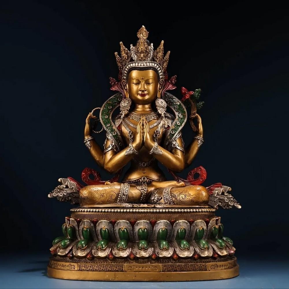 Chinese Antique Handmade Pure Copper Painted Gold Four-Armed Guanyin Buddha Statue (1 of 7)