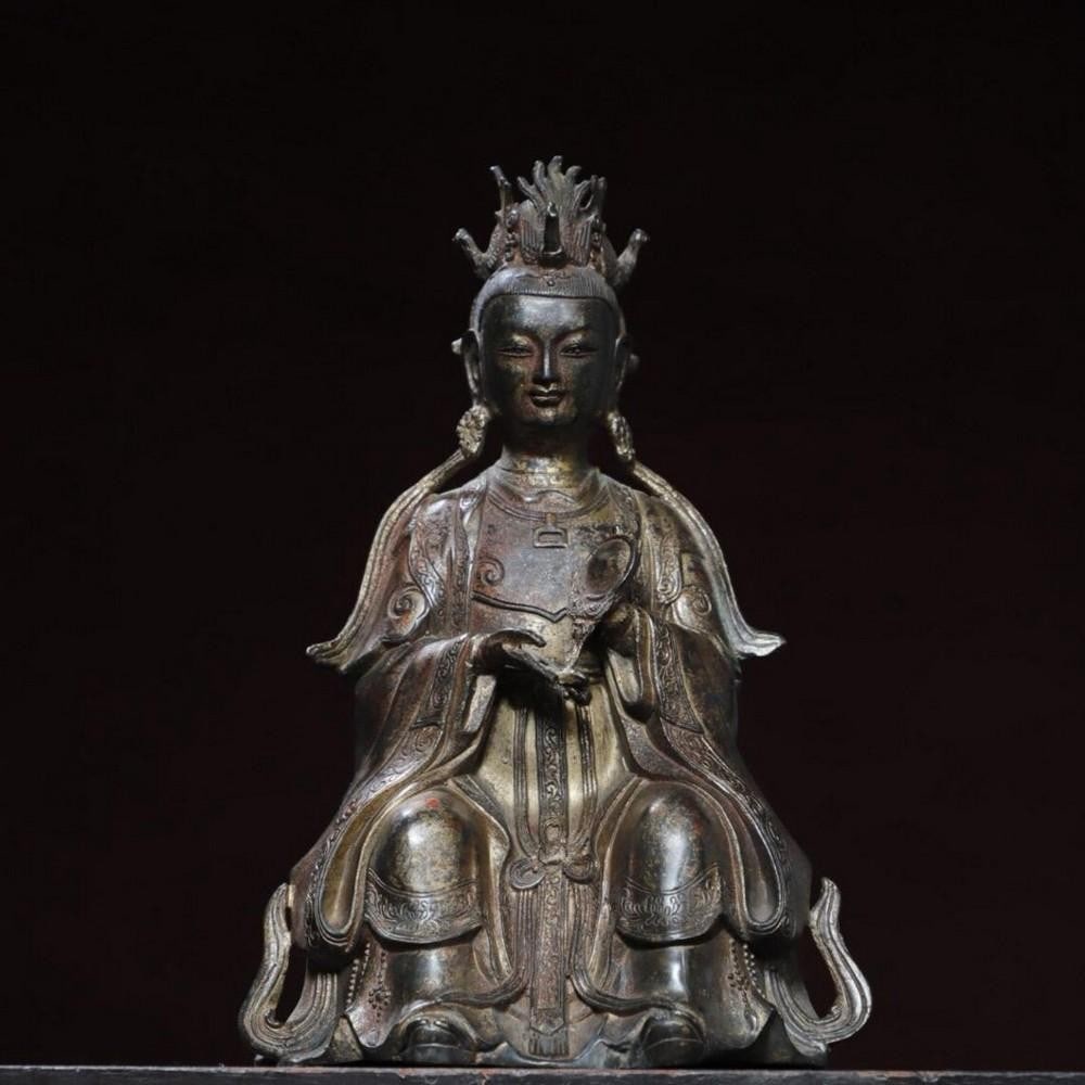 Mud Gold Mazu Buddha Statue: Mud Gold Mazu Buddha Statue This exquisite statue of Mazu, the revered Chinese goddess of the sea and protector of sailors, is handcrafted from rare pure copper and finished with a unique mud gold tec