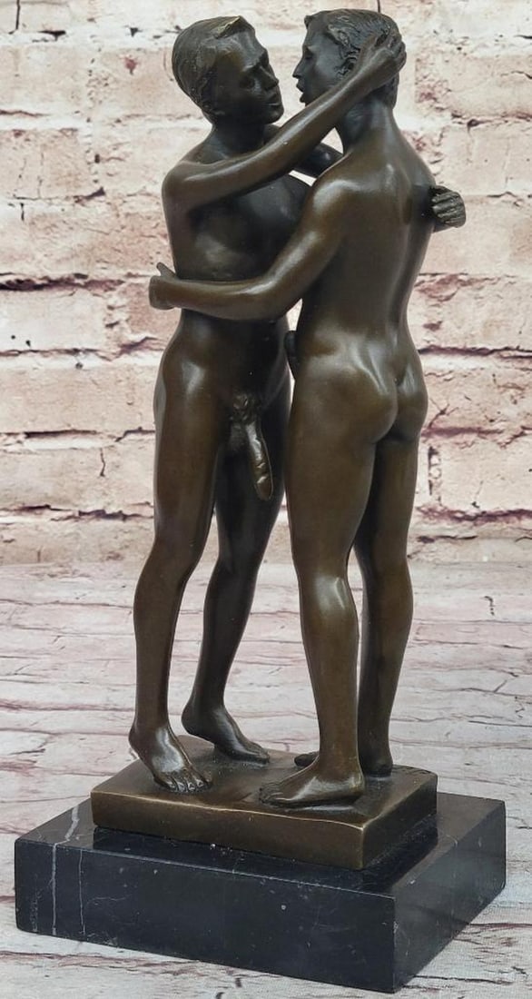 Unapologetic Love Bronze Sculpture by Jean Patoue - 11" x 5": Unapologetic Love Bronze Sculpture by Jean Patoue - 11" x 5" Celebrate the essence of carefree love with this captivating bronze sculpture depicting a flirtatious kiss between two men. A tribu