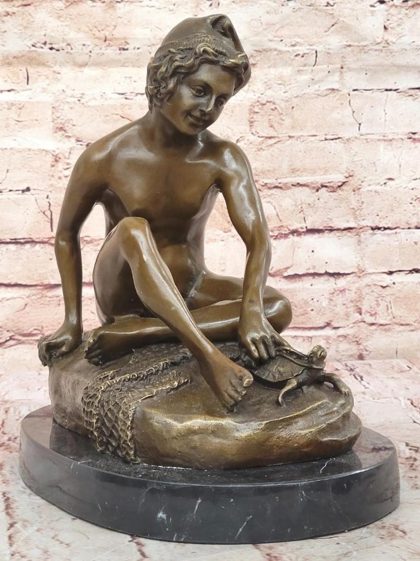 Playful Innocence: Carpeaux’s Boy Playing with Turtle Bronze Sculpture on Marble Base – 11" x: Playful Innocence: Carpeaux’s Boy Playing with Turtle Bronze Sculpture on Marble Base – 11" x 11.5" Celebrate classical charm with this bronze sculpture inspired by Carpeaux, depicting a y