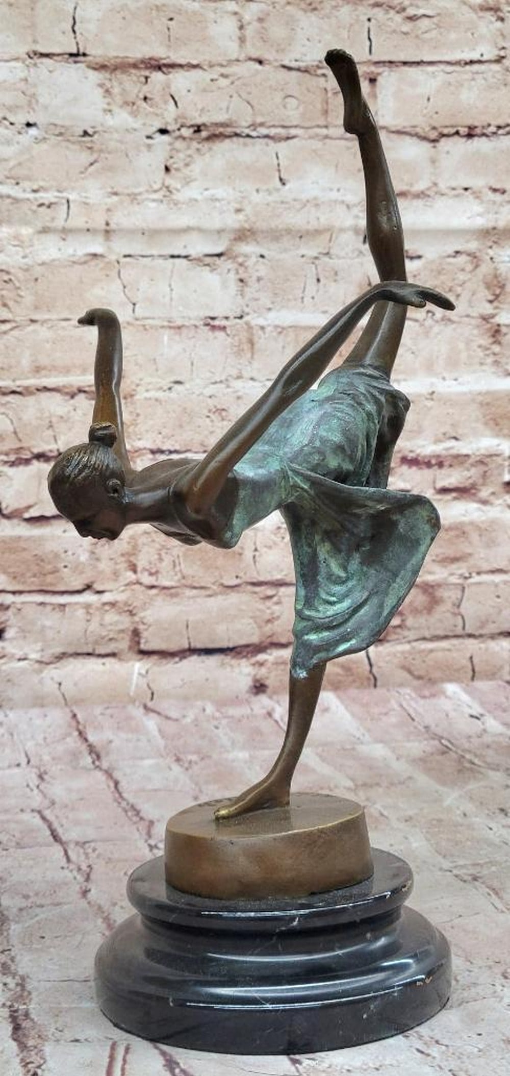 Bronze Ballet Dancer -Green Patina Dress - Original Sculpture Signed By Aldo Vitaleh-13" X 8": Bronze Ballet Dancer -Green Patina Dress - Original Sculpture Signed By Aldo Vitaleh-13" X 8" Immerse yourself in the captivating world of ballet with this exquisite bronze sculpture capturin