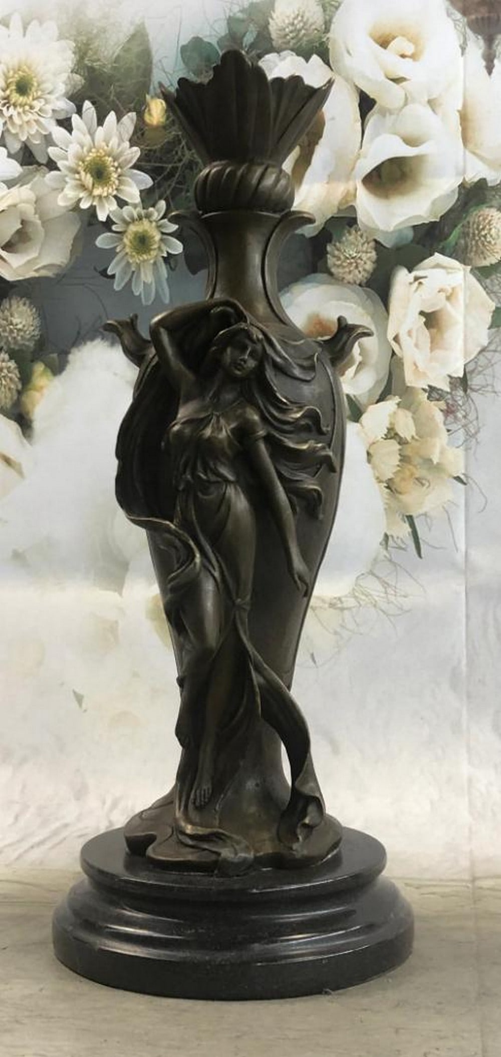 Art Deco Posing Women on Sleek Bronze Vase - 15" x 6": Art Deco Posing Women on Sleek Bronze Vase - 15" x 6" Exquisitely crafted using the Lost Wax Method, this Bronze Statue of a Seductive Woman on a marble base showcases the artist's meticu