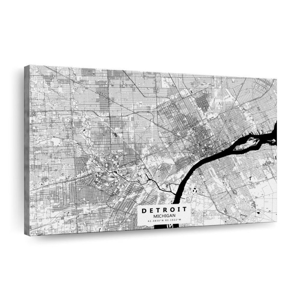 Monochrome Detroit City Map Canvas Print - 32" x 48": Monochrome Detroit City Map Canvas Print - 32" x 48" Immerse yourself in the urban charm of Detroit with our Monochrome City Map Canvas Print, a captivating rendition of the Motor City's d