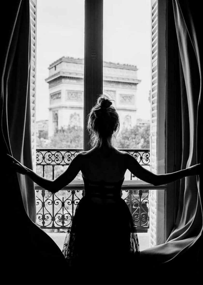Woman Peering Out The Window To Paris Black & White Poster Print: Woman Peering Out The Window To Paris Black & White Poster Print Photograph in black and white of a woman gazing out towards the Arc de Triomphe in Paris. This kind of classic photo art fits