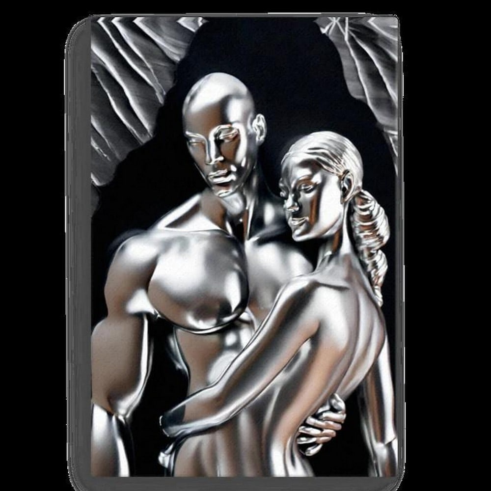 The Metal Embrace Picture: The Metal Embrace Picture. This artwork captures the beauty of connection through the stunning depiction of a shiny metal couple in an intimate embrace. The polished surfaces of the figures create ca