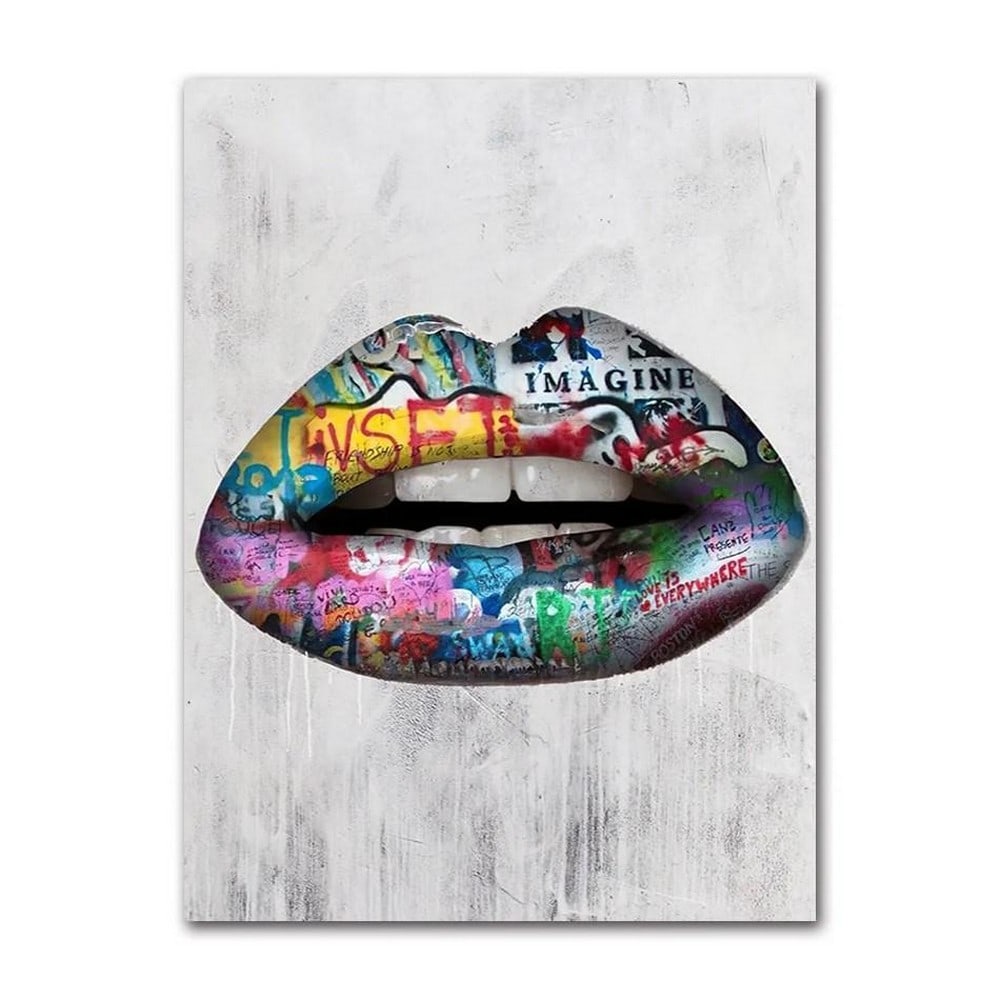 Graffiti Kisses Picture: Graffiti Kisses Picture. This vibrant artwork features a striking close-up of lips adorned with colorful graffiti. This bold piece captures the essence of urban art and self-expression, blending the b