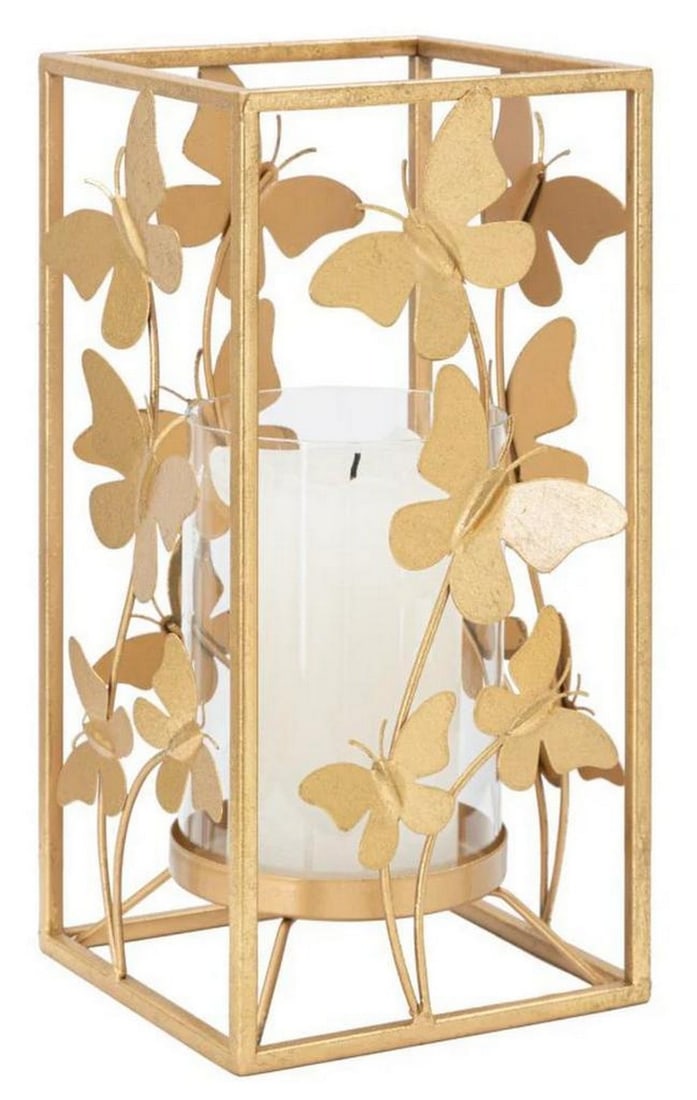 Square Candle Holder with Glamorous Gold Metal Butterfly Design: Square Candle Holder with Glamorous Gold Metal Butterfly Design This square candle holder features an elegant butterfly design in glamorous gold metal. With its intricate detailing, it adds a touch