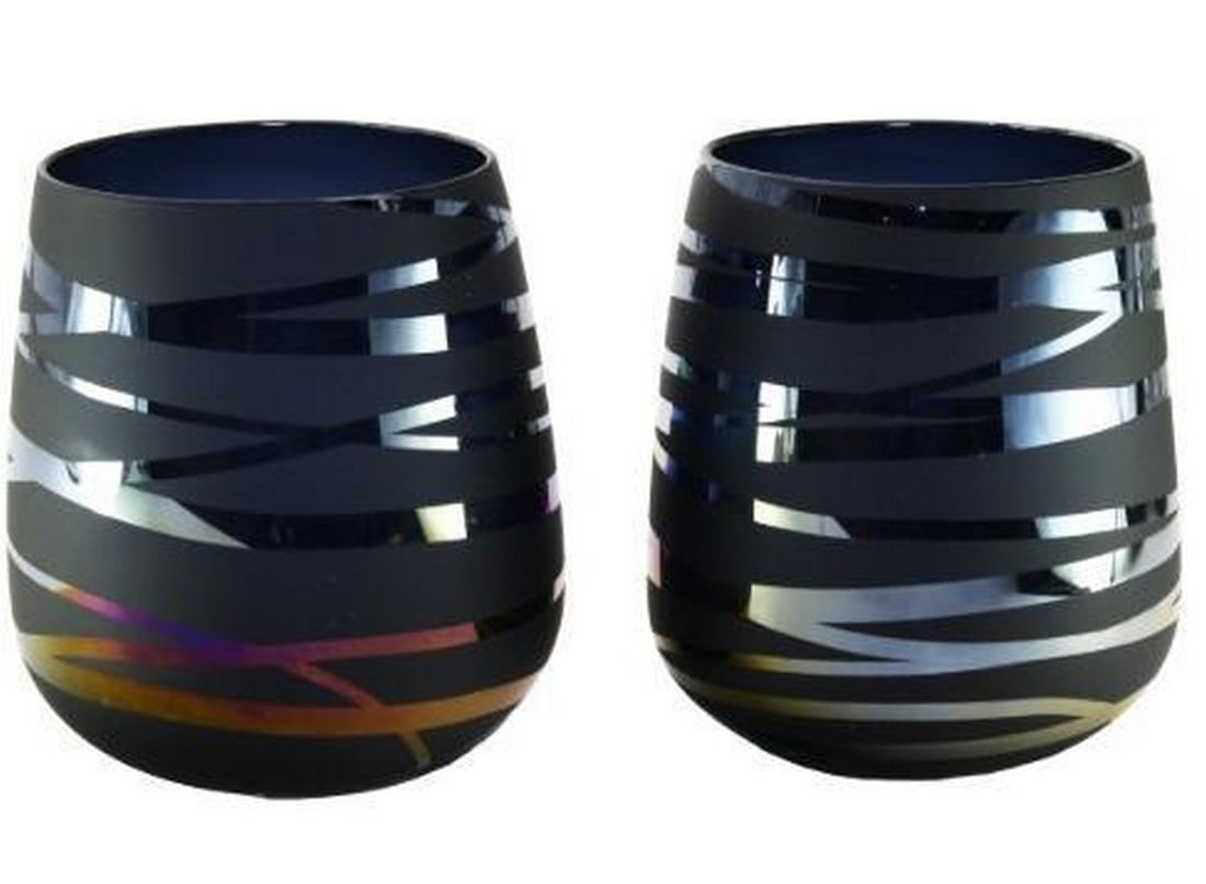 Set of 2 Murano Glass Tumblers Black Matte with Mirrored Strips: Set of 2 Murano Glass Tumblers Black Matte with Mirrored Strips. This striking set of 2 drinking glasses showcases the bold elegance of original Murano glass craftsmanship. Featuring a