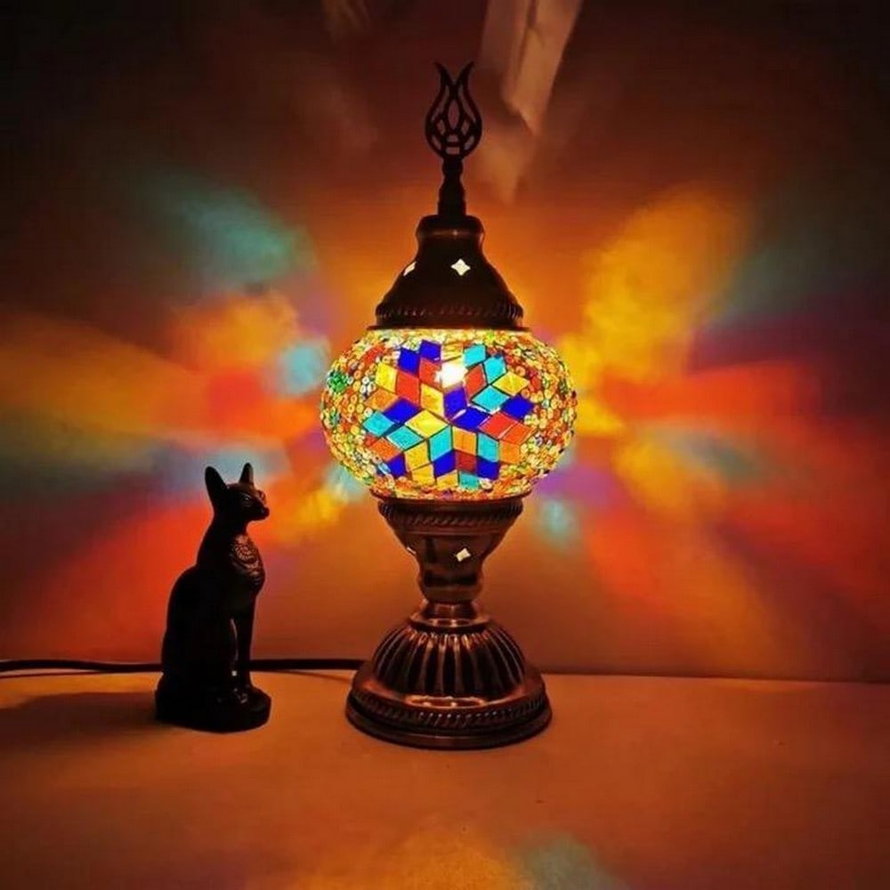 Multicolored Turkish Mosaic Table Lamp: Multicolored Turkish Mosaic Table Lamp Introducing our Turkish Mosaic Table Lamp, a captivating fusion of art deco design and vintage allure that brings a touch of nostalgia to your living space. This