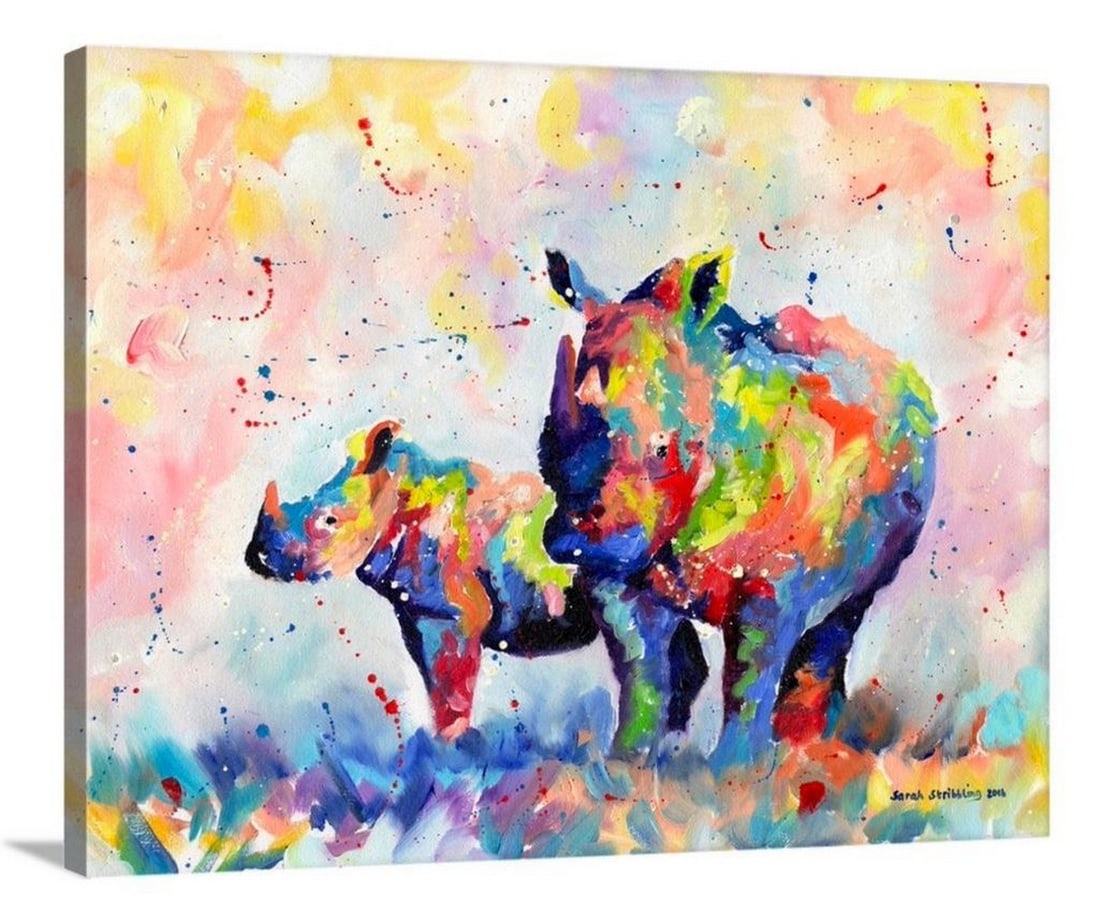 Colourful Pair of Rhinos Canvas Reproduction: Colourful Pair of Rhinos Canvas Reproduction Rhino and baby in rainbow colors painted in oil paints on canvas. Artist Sarah Stribbling is an English wildlife and pet portrait artist specializing in h