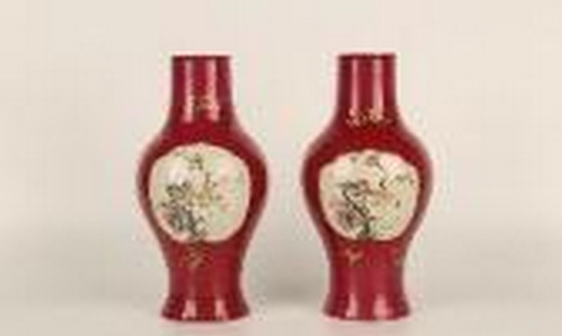 Red glazing ground flowers vases pair (1 of 1)