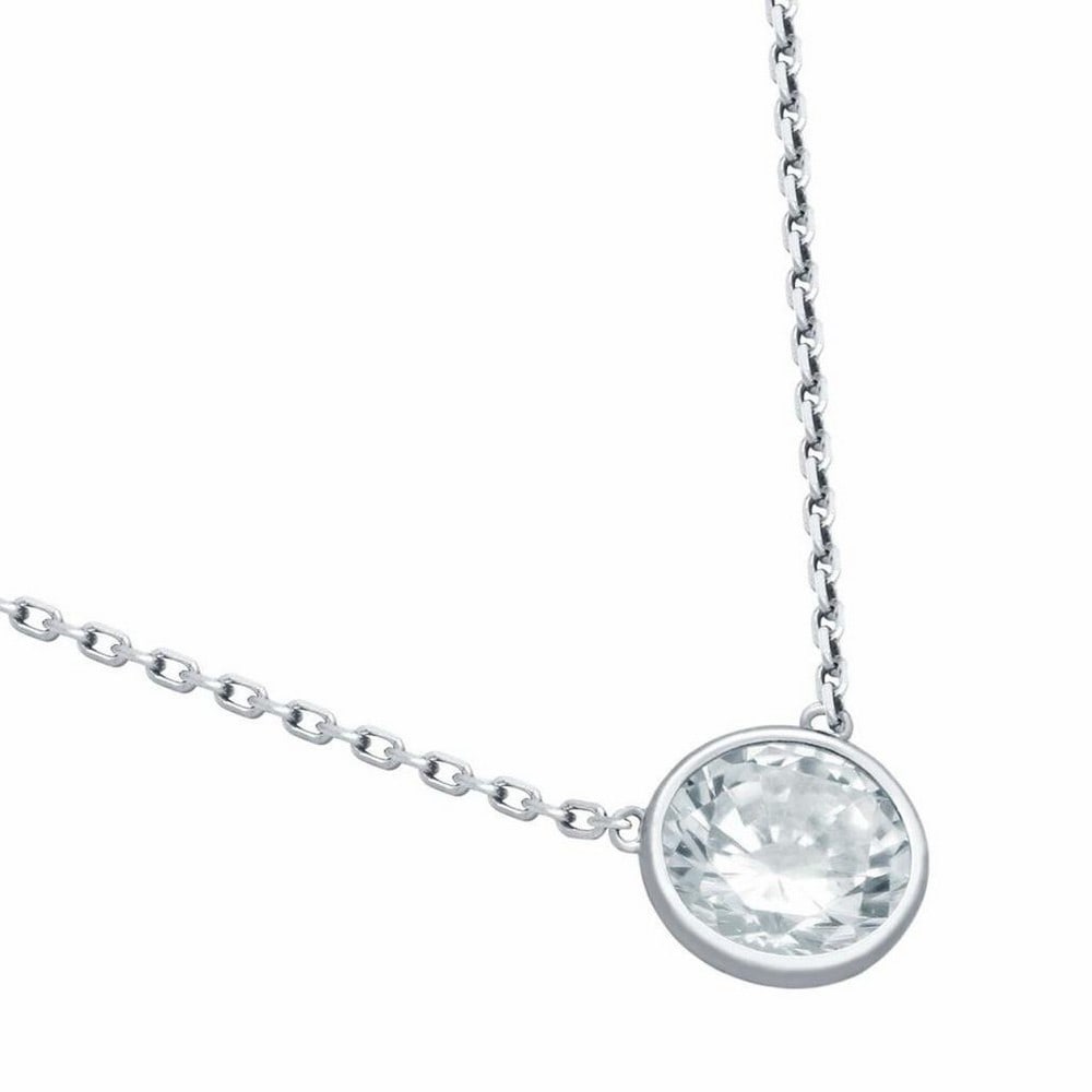 RHODIUM PLATED 7.5MM AUSTRIAN CRYSTAL ON NECKLACE 16" + 2": RHODIUM PLATED 7.5MM AUSTRIAN CRYSTAL ON NECKLACE 16" + 2" .925 Sterling silver, Nickel-free. Bezel set 7.5mm single Austrian crystal necklace. We guarantee our Sterling silver merchandis