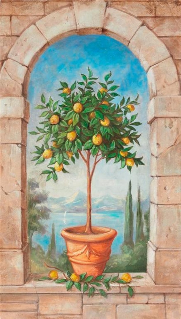 Portal with View on a Lemon Tree Fresco Painting: Portal with View on a Lemon Tree Fresco Painting The 'Portal with View on a Lemon Tree' Fresco represents a portal with two medieval wall on the sides. Material: Linen Canvas Fresh Lime Plas
