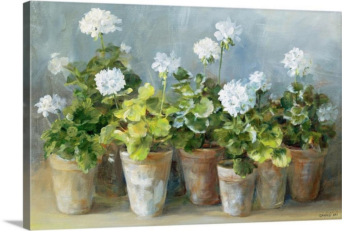 White Geraniums Canvas Reproduction By Danhui Nai: White Geraniums Canvas Reproduction By Danhui Nai Danhui Nai's natural passion for art was guided through classical training which she applies in her California studio to create beautiful,
