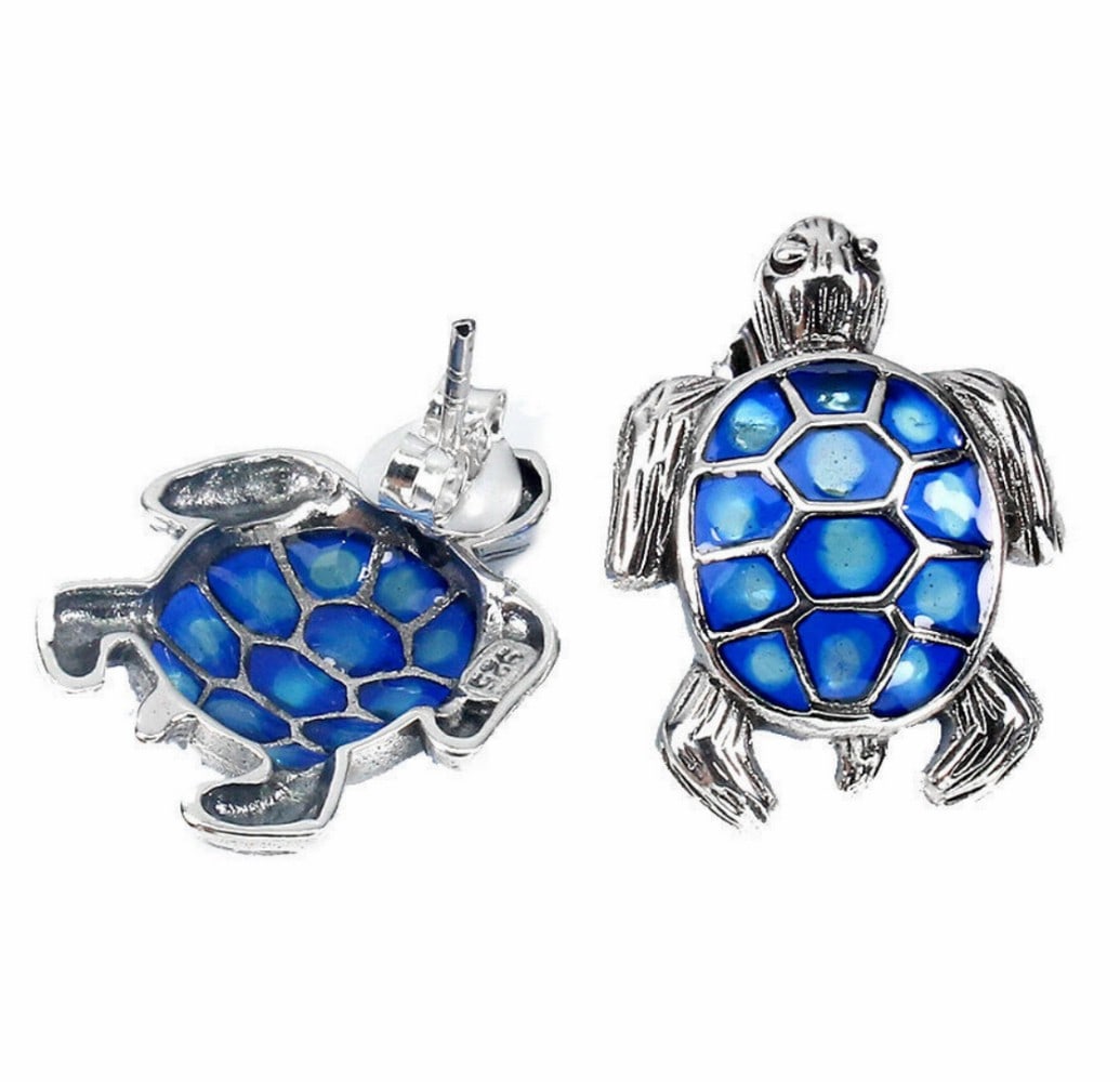 Blue Turtle Shell Sterling Silver Stud Earrings - 2