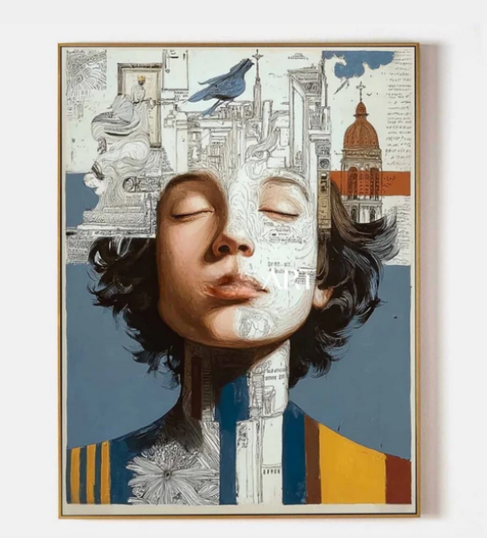 Whispers of the Dome Canvas Painting: Whispers of the Dome Canvas Painting Whispers of the Dome blends architectural fragments, symbolic nature, and a faceless human form into a layered visual story. With bold stripes and muted sketches,