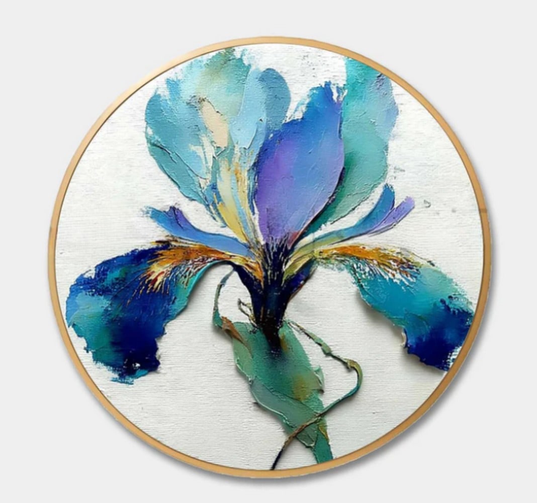 Vibrant Iris Bloom Round Canvas Painting: Vibrant Iris Bloom Round Canvas Painting This painting captures the striking beauty of an iris flower in a mesmerizing display of colors. The petals unfold in shades of deep blue, teal, and purple, w