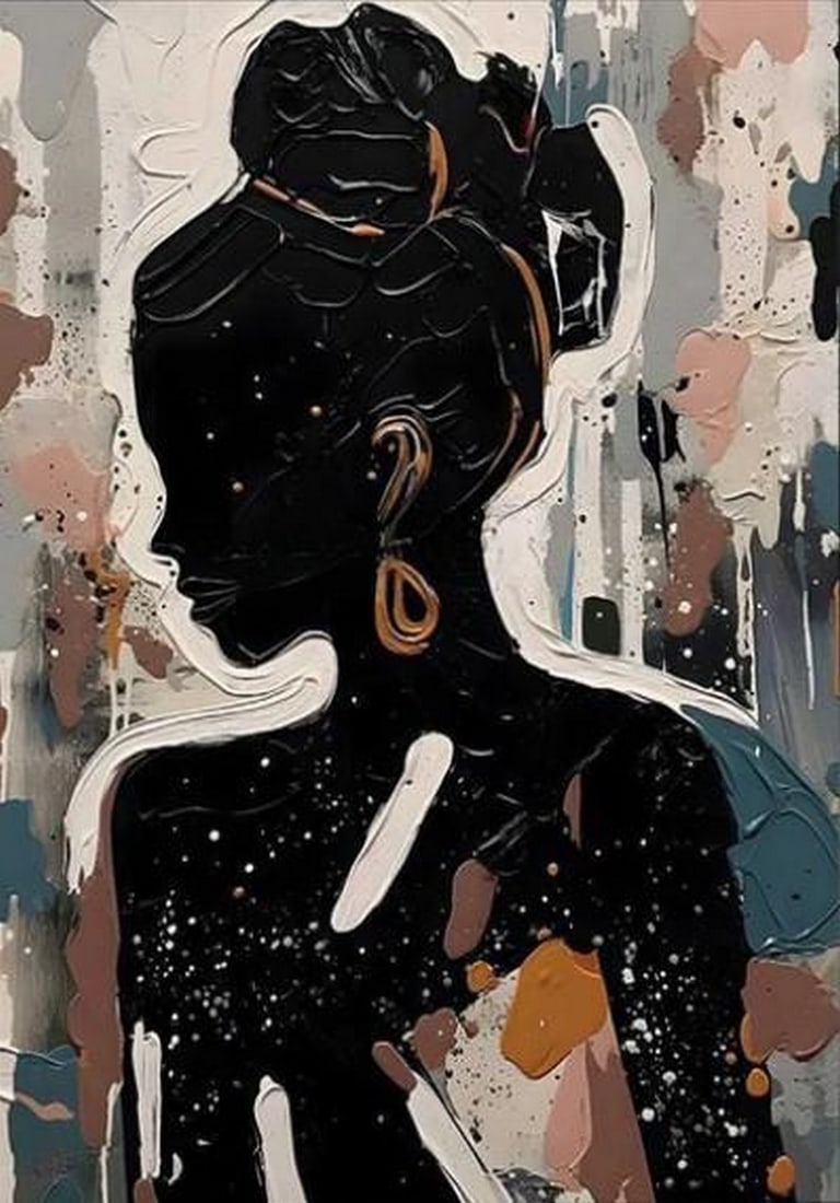 Veiled Form: Veiled Form Veiled Form captures the essence of a woman in shadow—an abstract expression rendered in rich black oil on canvas. Her presence is felt through flowing contours and textured layers,