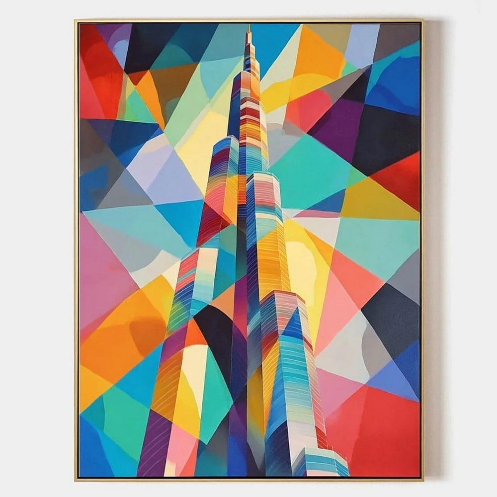Geometric Abstract Burj Khalifa Canvas Painting: Geometric Abstract Burj Khalifa Canvas Painting This dynamic canvas painting reimagines the iconic Burj Khalifa through a vibrant lens of geometric abstraction and modern pop art style. The towering