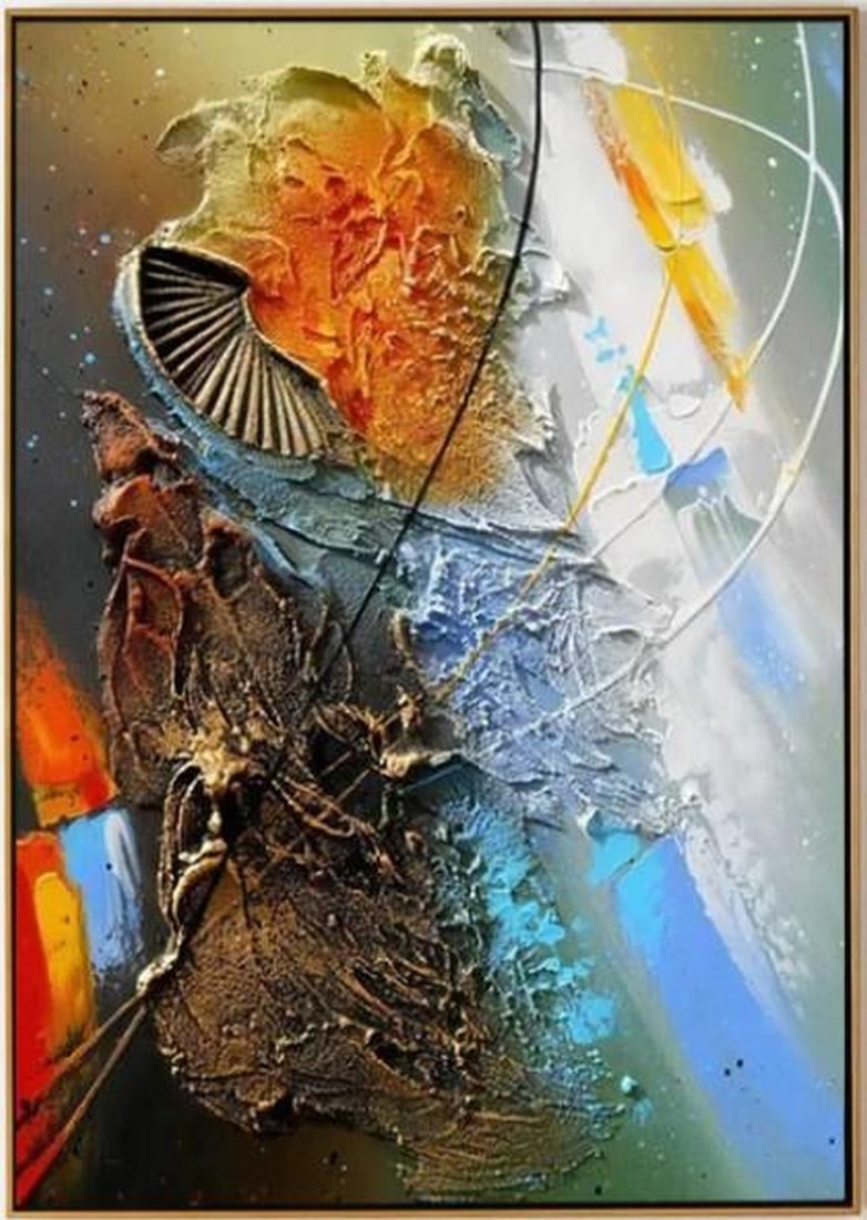 Earthbound Whispers: Earthbound Whispers Earthbound Whispers is a dynamic 3D abstract painting that blends earthy browns and fiery oranges with bursts of yellow, cool blues, and soft white. Rich textures rise from the