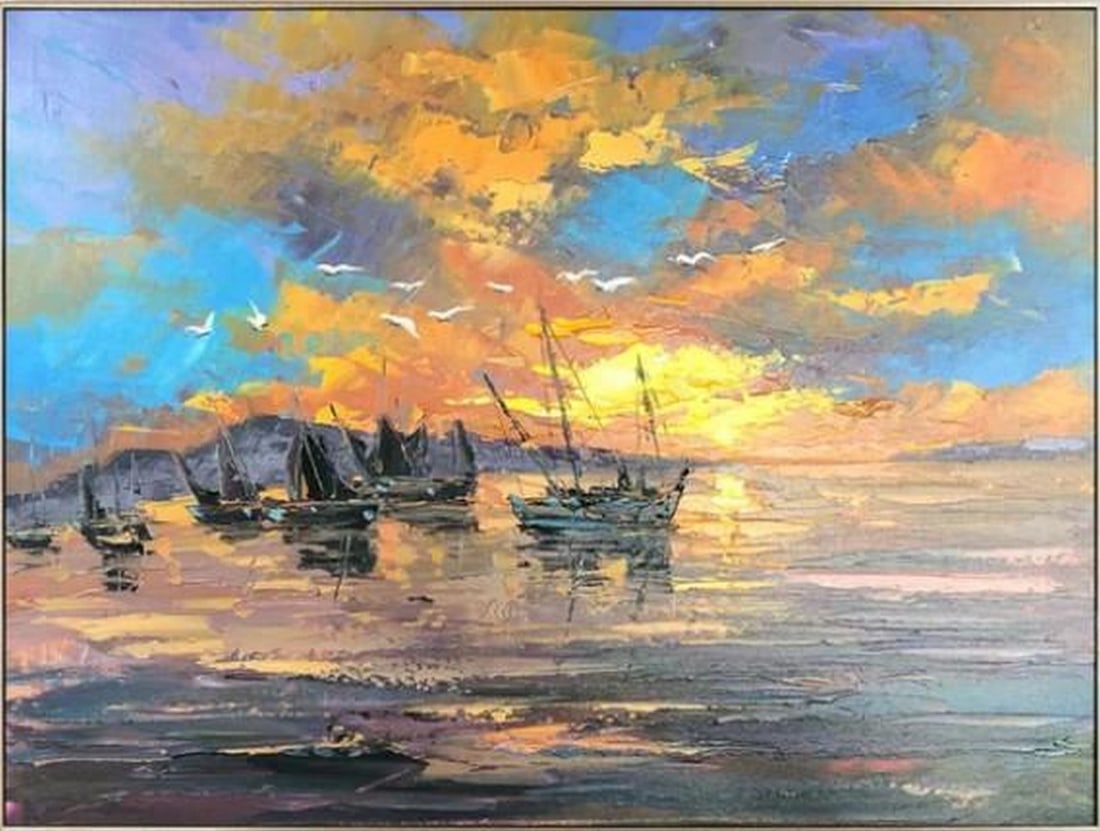 Drift Into the Horizon: Drift Into the Horizon Drift Into the Horizon captures a tranquil moment at sea as a lone sailboat glides across calm waters. Painted in soft, layered oil strokes, the scene blends sky and ocean