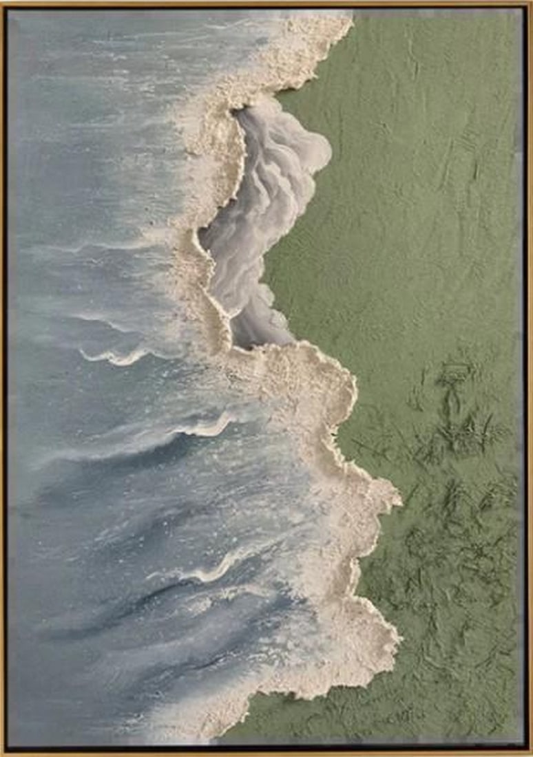 Shoreline Serenity: Shoreline Serenity Shoreline Serenity captures the gentle meeting of sea and sand, where soft green waves roll in with foamy white crests. Painted with a soothing palette and delicate texture, the