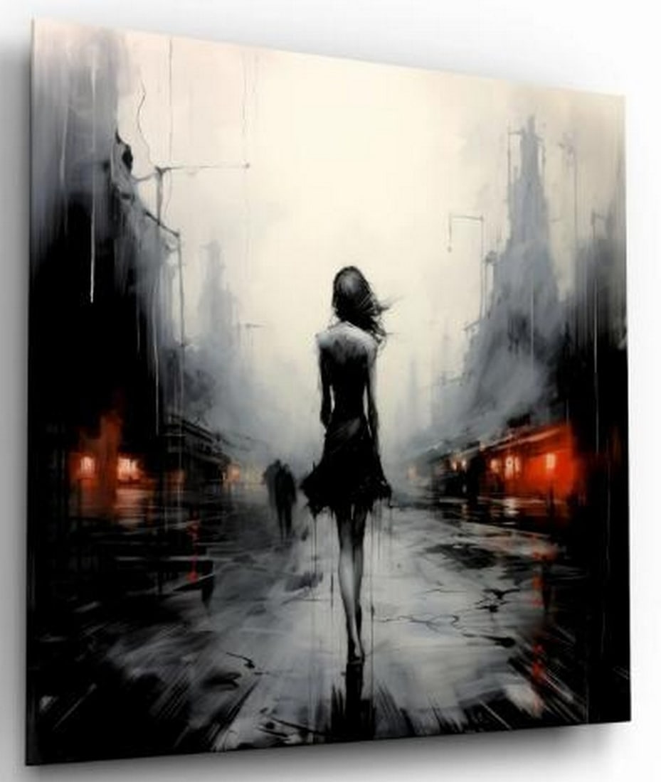 Shadowed Stroll Tempered Glass Wall Art: Shadowed Stroll Tempered Glass Wall Art Mysterious and moody, this black and white tempered glass wall art captures a woman walking alone down a dimly lit street, seen only from behind. Tall