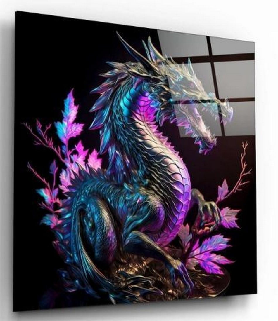 Twilight Dragon Tempered Glass Wall Art: Twilight Dragon Tempered Glass Wall Art This captivating tempered glass wall art features a majestic dragon in shades of deep blue and rich purple, set against a bold black background. A few subtle p