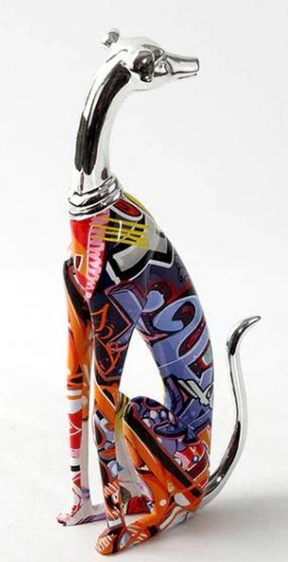 Graffiti Greyhound Sculpture: Graffiti Greyhound Sculpture Sleek and striking, this seated Greyhound sculpture blends elegance with urban flair. Its body is wrapped in bold, colorful graffiti art, while the head remains a smooth