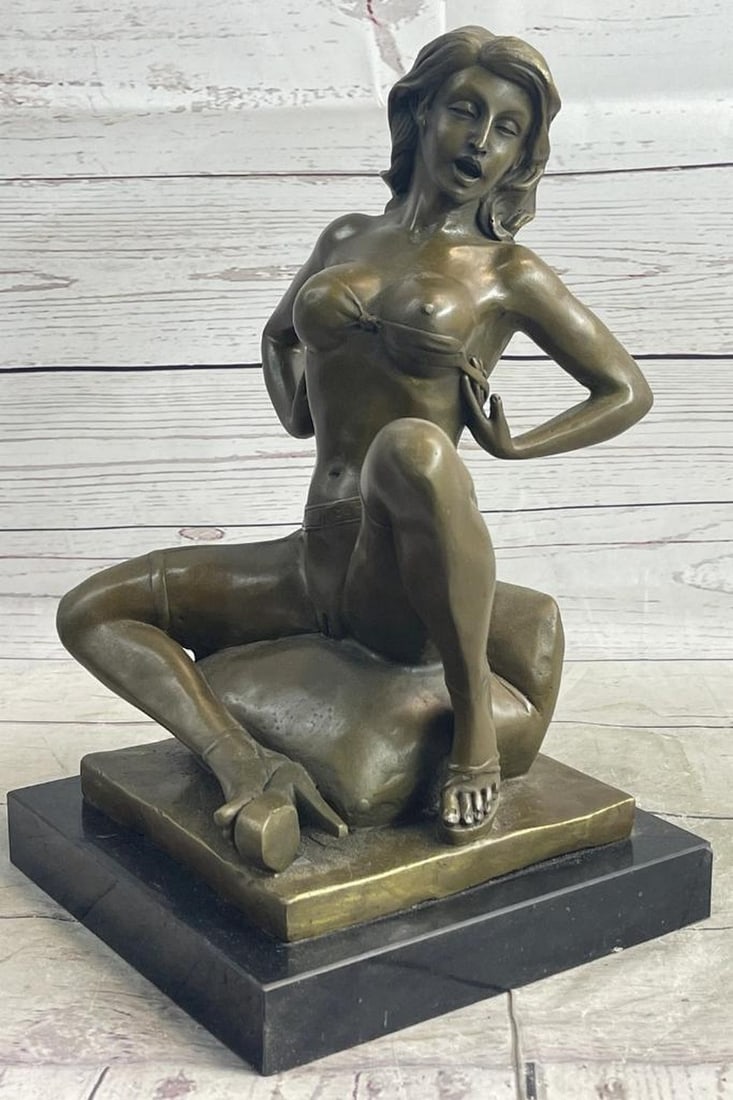 Nude Girl Woman Removing Bra Inspired Bronze Sculpture by Preiss - 13" x 7": Nude Girl Woman Removing Bra Inspired Bronze Sculpture by Preiss - 13" x 7" This highly erotic bronze sculpture features a nude female in a provocative pose, adorned with high heels. Her wavy