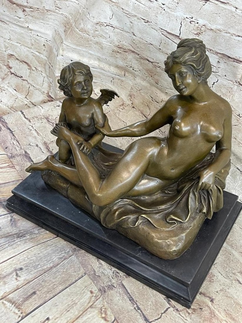 Cherub and Nude Woman Inspired Bronze Sculpture Signed by Gossin - 11" x 12": Cherub and Nude Woman Inspired Bronze Sculpture Signed by Gossin - 11" x 12" Experience the enchantment of classical art with our exquisite bronze sculpture featuring a cherub and a nude woma
