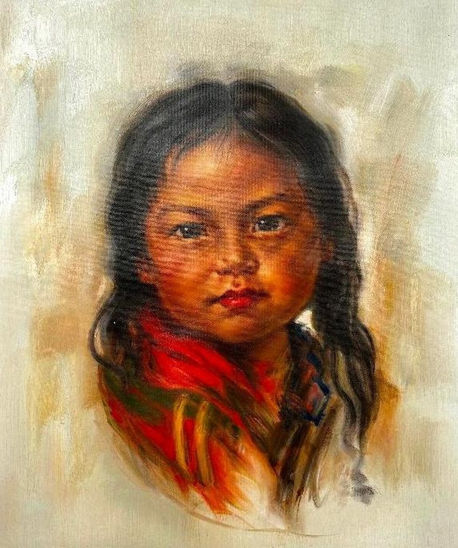 Original 20" X 24" Acrylic Of Indigenous Girl With The Red Scarf Inspired By Nicholas Raphael de: Original 20" X 24" Acrylic Of Indigenous Girl With The Red Scarf Inspired By Nicholas Raphael de Grandmaison, CM, RCA(1892-1978) Nicholas de Grandmaison was a prolific and influential portra