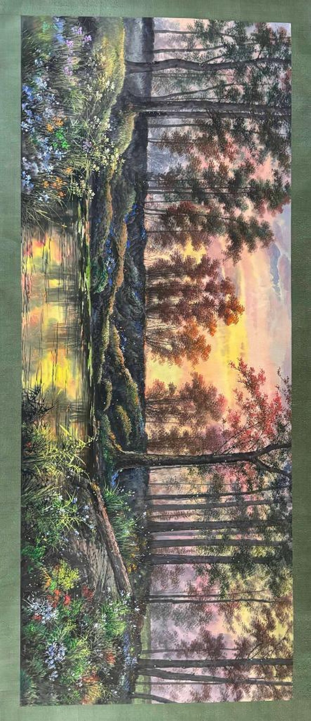 Inspired Forest Reflections on Mounted Paper: Inspired Forest Reflections on Mounted Paper This exquisite handpainting inspired by Lin Fengmian captures a tranquil forest bathed in the gentle glow of sunlight. Mounted on fine paper, the scene f