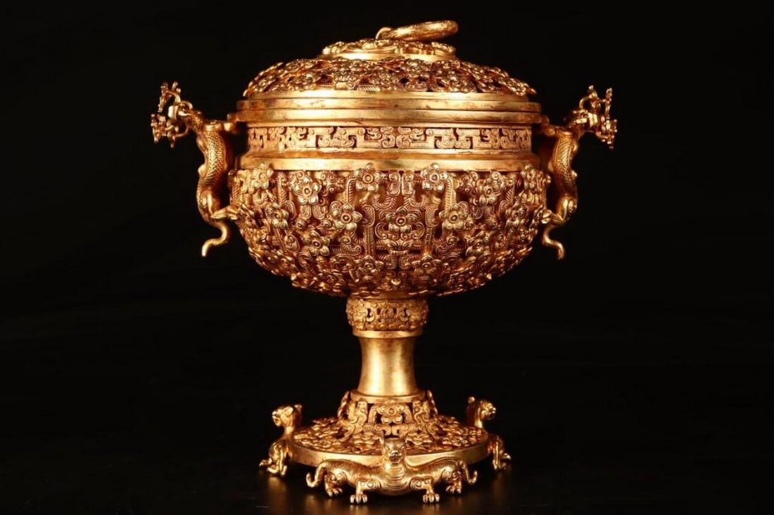 Old Gilt Bronze Jar With Dragon Engravings, 2277g (1 of 8)