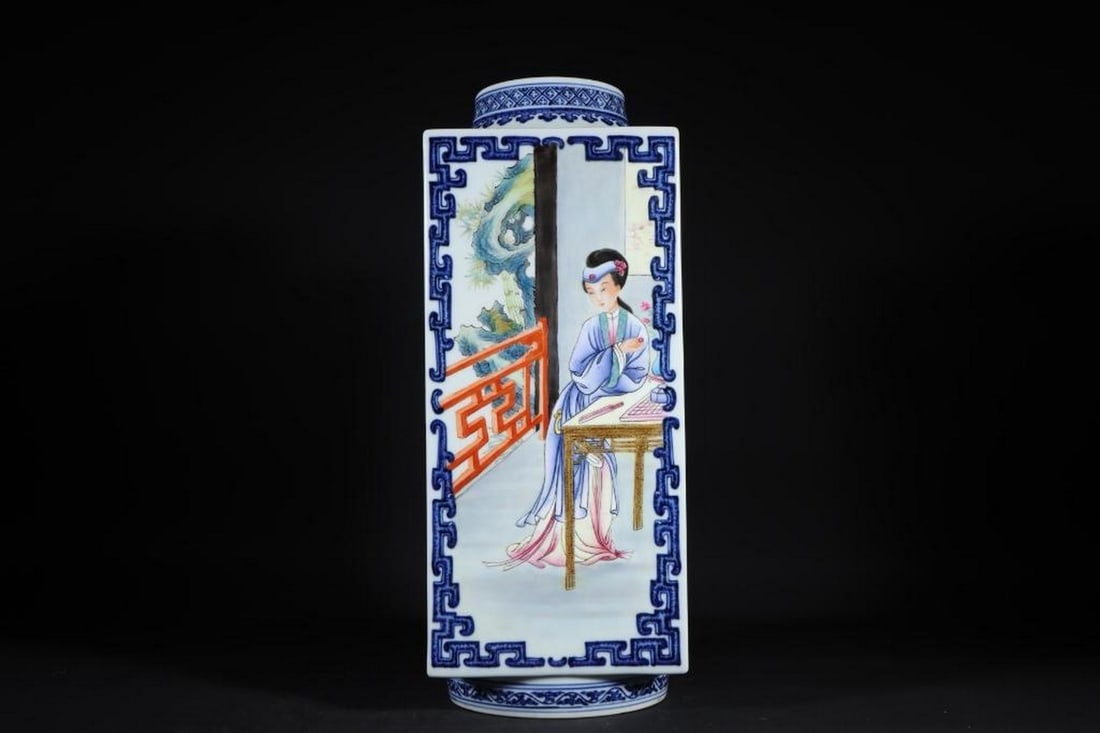 Qing Dynasty Qianlong Famille Rose Figure Cong-Style Bottle: Qing Dynasty Qianlong Famille Rose Figure Cong-Style Bottle. A beautifully crafted Cong-style bottle, featuring vibrant famille rose enamel painting with intricate figure scenes. This replica is inspi