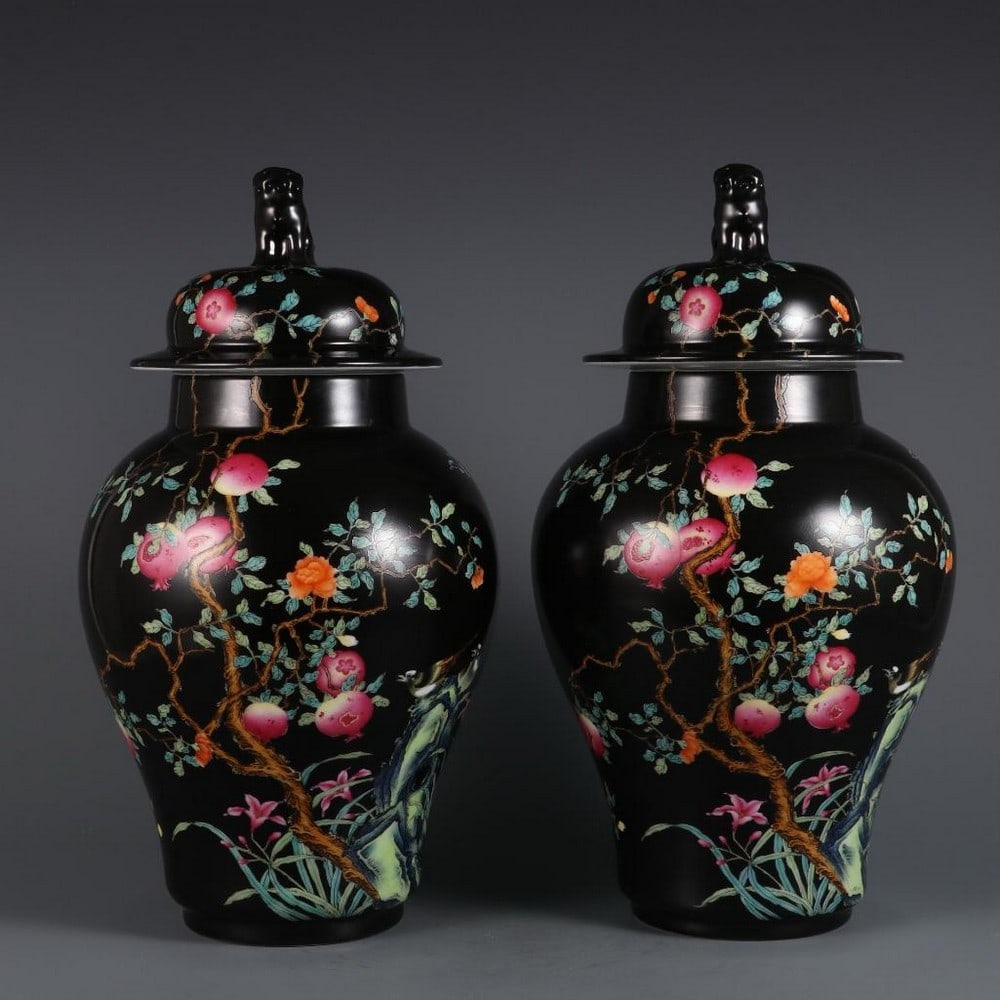 Elegant Pair of Black Glaze Enamel Flower and Fruit Jars (1 of 9)