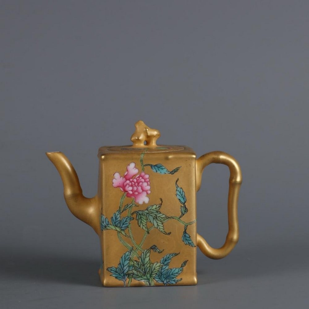 Inspired Qing Yongzheng Imperial Gold Famille Rose Poppy Pattern Square Teapot (1 of 9)