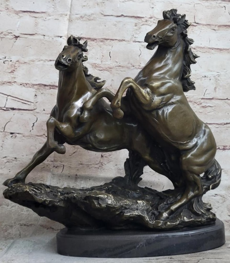 Majestic "Wild Mustang Stallion Pair" Bronze Sculpture by P.J. Mene – 14" x 12": Majestic "Wild Mustang Stallion Pair" Bronze Sculpture by P.J. Mene – 14" x 12" The "Wild Mustang Stallion Pair" bronze sculpture by P.J. Mene captures the raw spirit and po