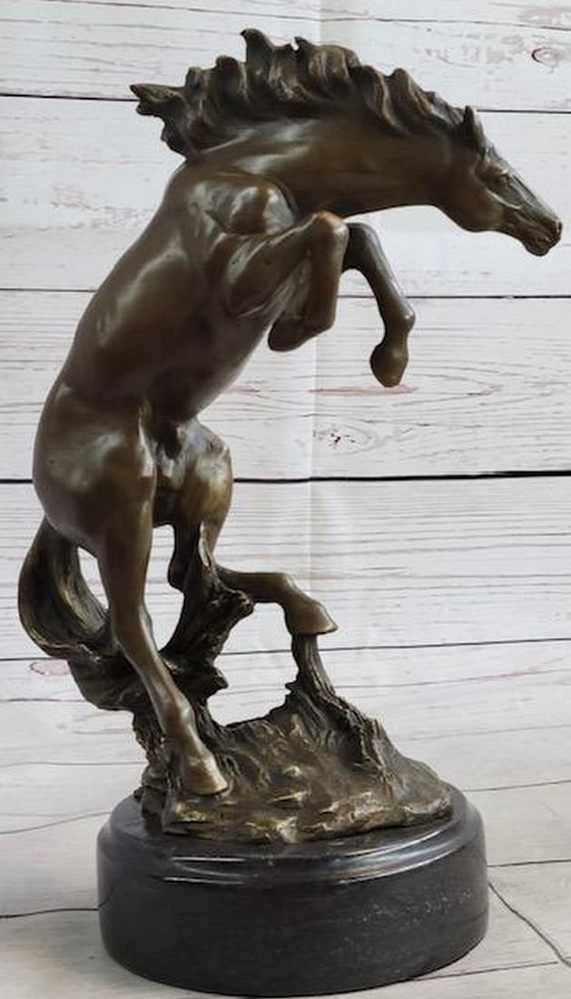 Rearing Horse Bronco Stallion Bronze Statue Sculpture Figure Marble Base 12" x 9.5": Rearing Horse Bronco Stallion Bronze Statue Sculpture Figure Marble Base 12" x 9.5" Experience the timeless allure and grace of the magnificent horse captured in this exquisitely crafted bron