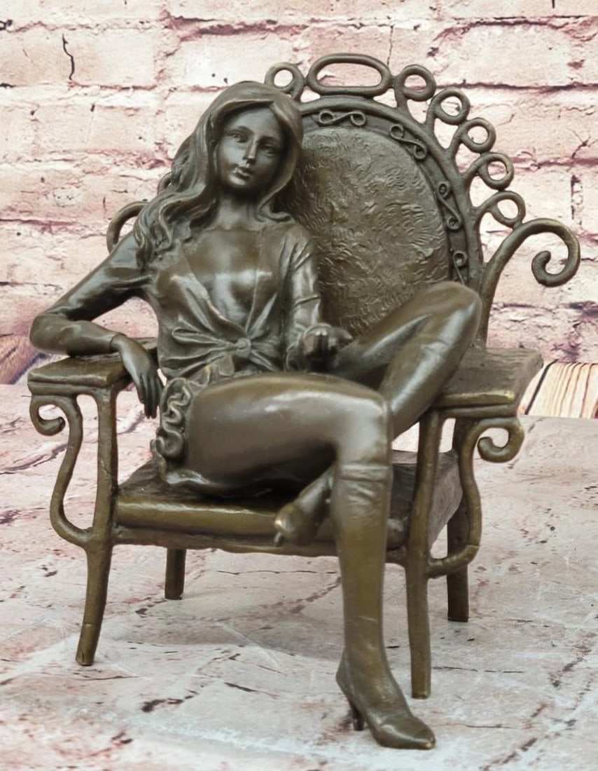 Signed Original Cesaro Bronze Sculpture of Woman on Chair – 8" x 7": Signed Original Cesaro Bronze Sculpture of Woman on Chair – 8" x 7" A bronze sculpture by Cesaro depicting a sensual woman seated on a chair, rendered in a realistic and expressive style th