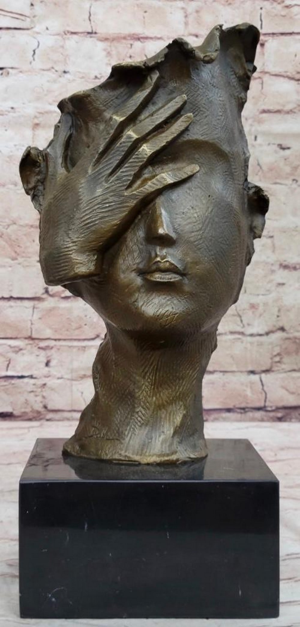 Surreal Visage Abstract Bronze Bust with Hand Veiling Half Face - 15" x 7" (1 of 7)