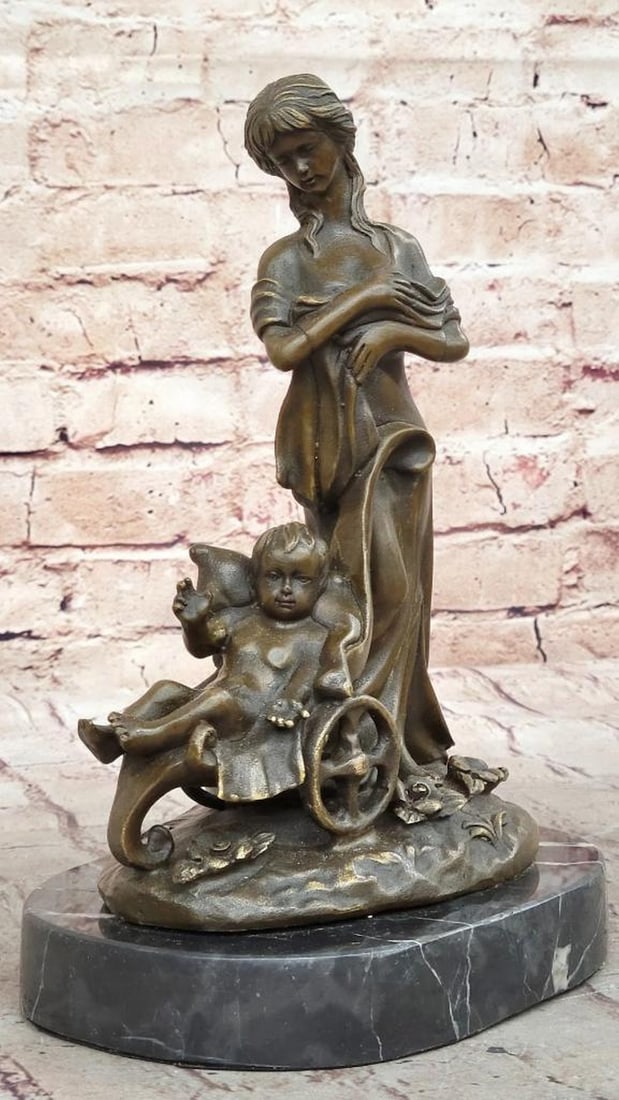 Mother with Child in Stroller Original Bronze Statue - 10.5" x 6.5": Mother with Child in Stroller Original Bronze Statue - 10.5" x 6.5" This beautiful tabletop sculpture of a Mother & Child by renowned artist Milo captures a tender moment between a mothe